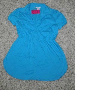 Womens Blouse Candies Blue Small Short Sleeve 2 Pocket Button Front Shirt Top